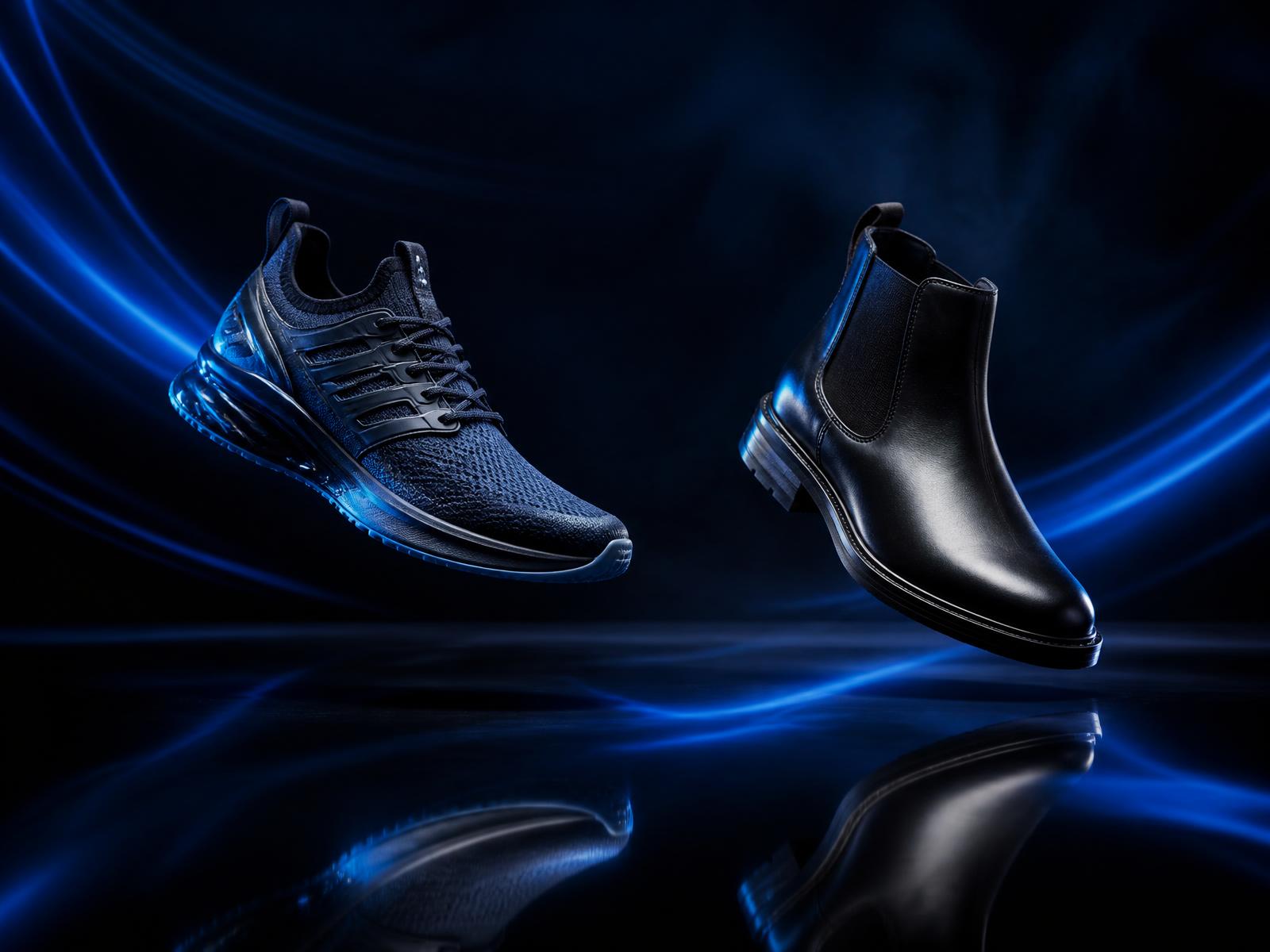 A dark studio photograph of a blue performance sneaker and a black leather chelsea boot